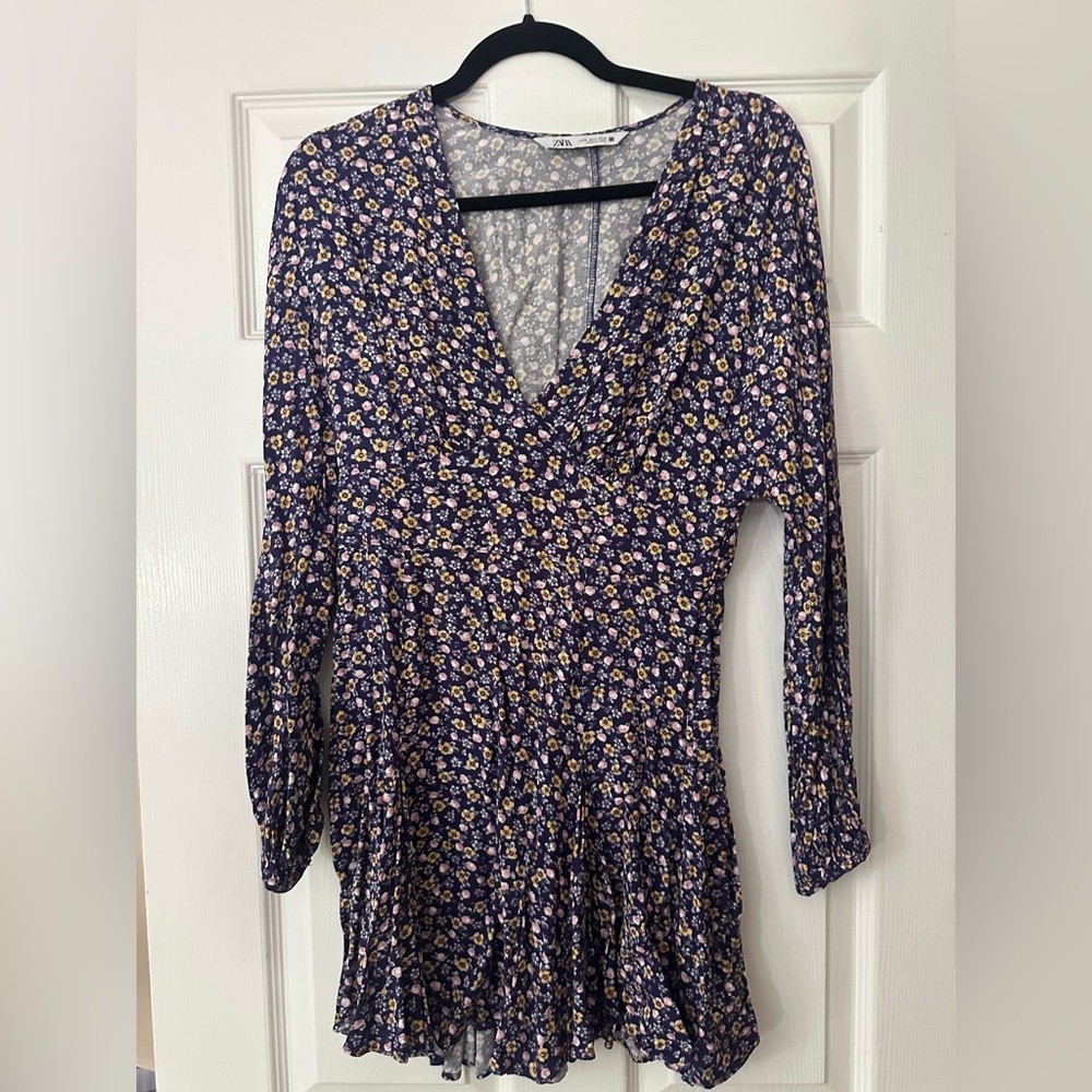 Zara Navy Floral V-Neck Dress